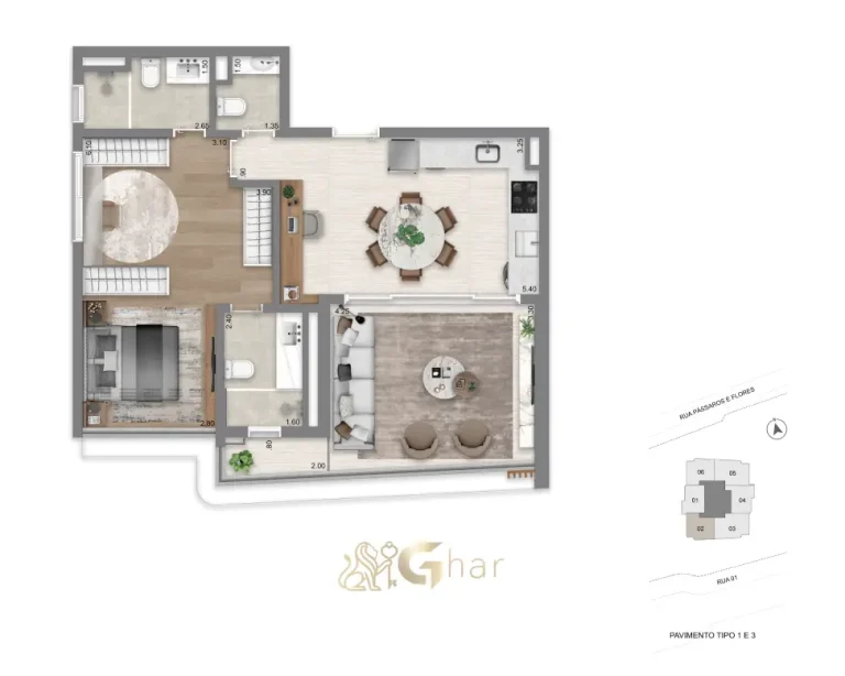 Planta do apartamento de 76m² com 1 suíte master no Escape Eden