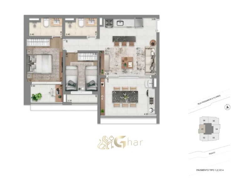 Planta do apartamento de 70m² com 2 dormitórios no Escape Eden Brooklin