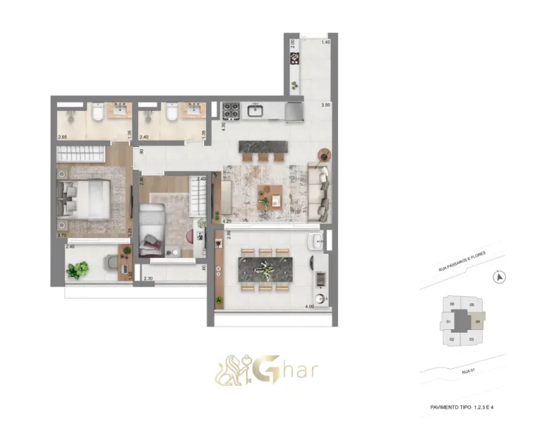 Planta do apartamento de 74m² com 2 dormitórios no Escape Eden Brooklin