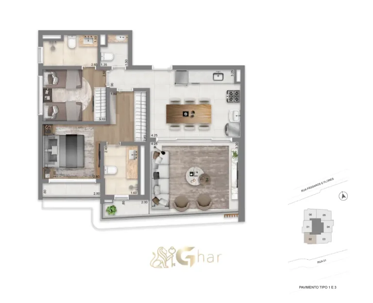 Planta do apartamento de 76m² com 2 suítes no Escape Eden Brooklin