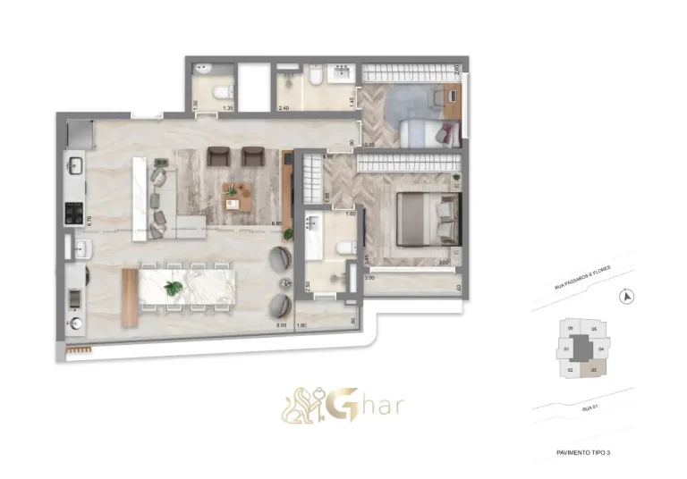 Planta do apartamento de 94m² com 2 suítes no Escape Eden