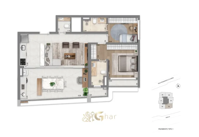 Planta do apartamento de 94m² com 2 suítes no Escape Eden Brooklin
