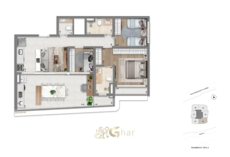 Planta do apartamento de 94m² com 3 dormitórios no Escape Eden