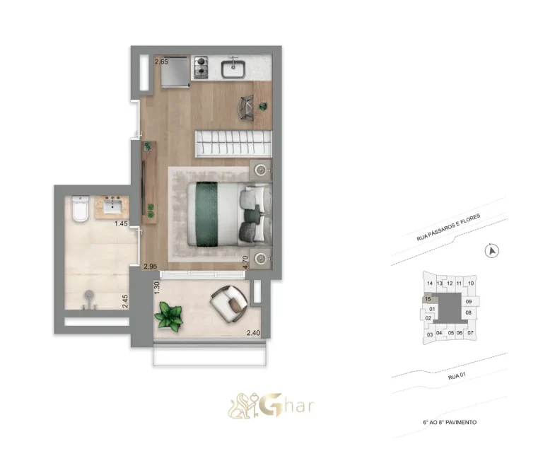 Planta do apartamento studio de 26m² do Escape Eden