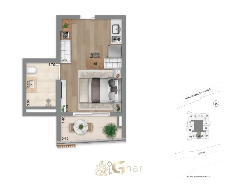 Planta do apartamento studio de 32m² do Escape Eden
