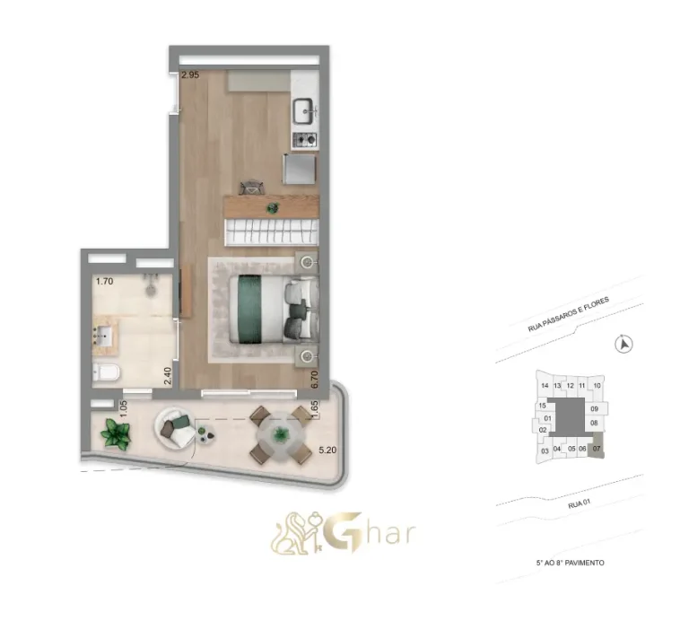 Planta do apartamento studio de 37m² do Escape Eden