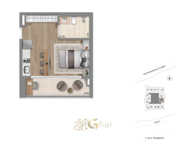 Planta alternativa do studio de 37m² do Escape Eden no Brooklin