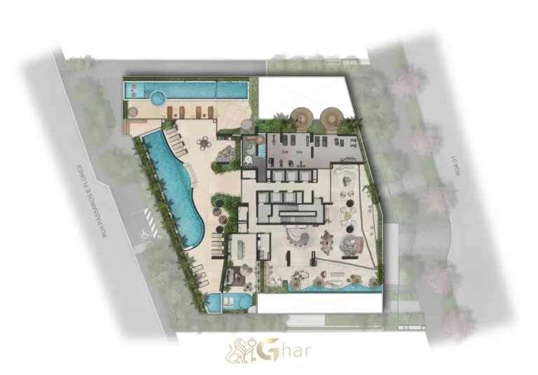 Planta de implantação das áreas de lazer do Escape Eden no Brooklin