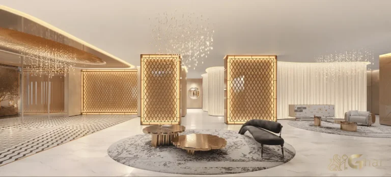 Lobby sofisticado do LIS Moema Île Saint-Louis com design contemporâneo