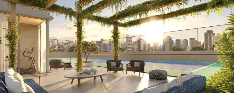 Quadra de tênis e área de lounge do condomínio LIS Moema Île Saint-Louis