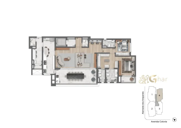 Planta do apartamento 170 m² com 2 dormitórios e 2 suítes no LIS Moema Île Saint-Louis