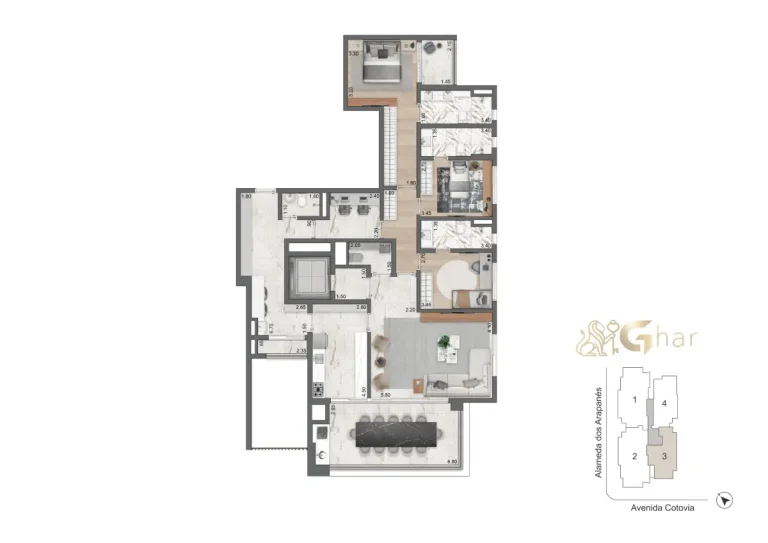 Planta de apartamento 170 m² com 3 suítes no LIS Moema Île Saint-Louis