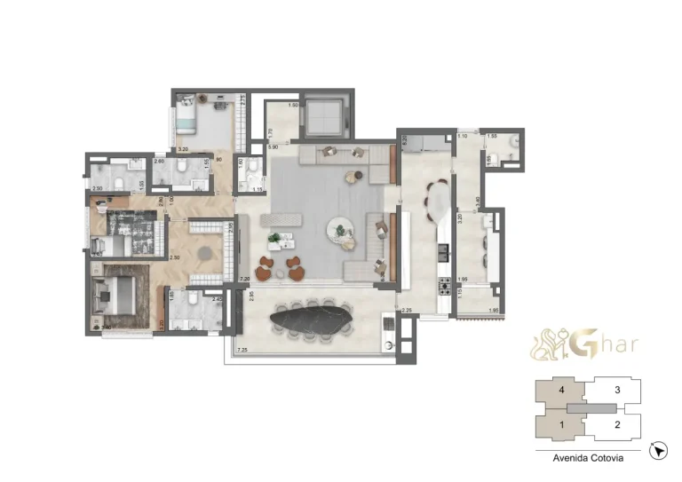Planta de apartamento 180 m² com 3 suítes no LIS Moema Île Saint-Louis