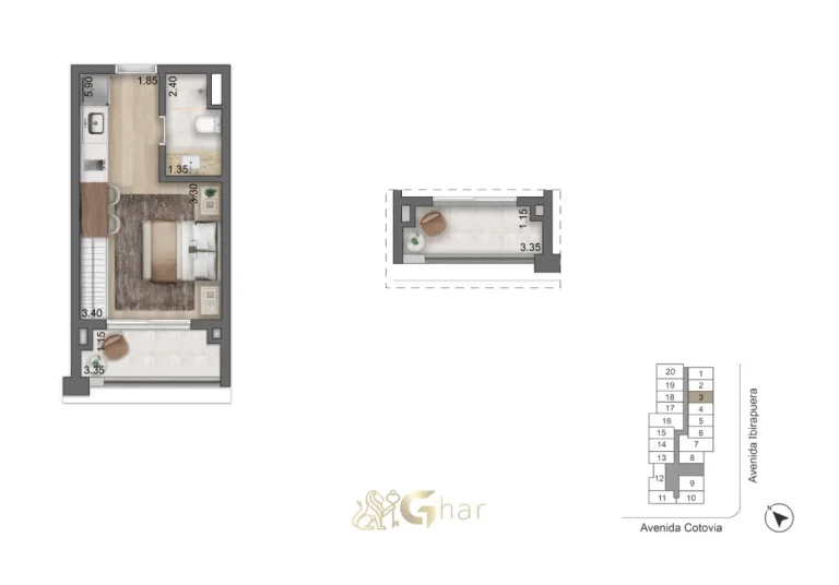 Planta do studio de 27,5m² do LIS Moema Studios