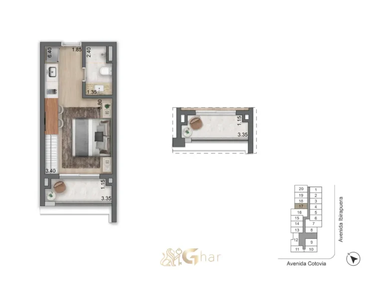 Planta do studio de 29,5m² do LIS Moema Studios