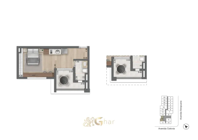 Planta do studio de 38,5m² do LIS Moema Studios