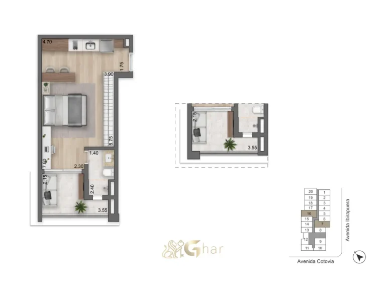 Planta do studio de 42m² do LIS Moema Studios