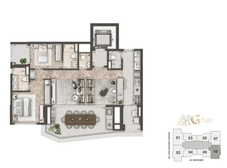 Planta Apartamento 2 Suítes 114M² Mandarim The Legend Cyrela