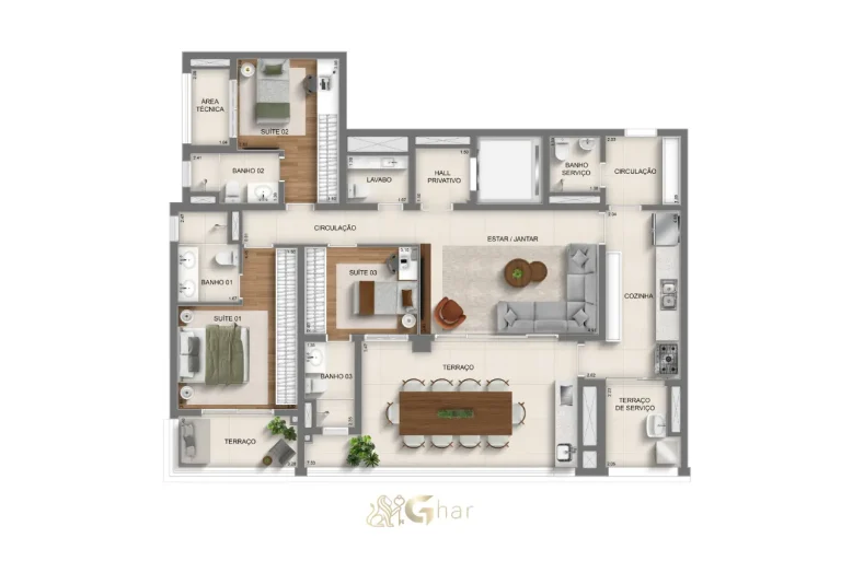 Planta Do Apartamento 3 Suítes 137 M² Torre 1 Monã Mooca