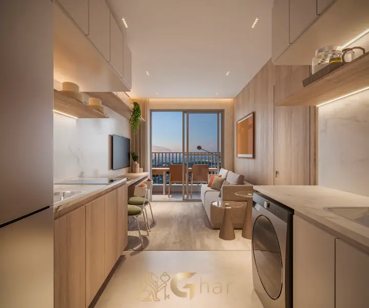 Living, varanda e cozinha integrados no decorado de 30m² da Torre 3 no Mooca Smart Spaces