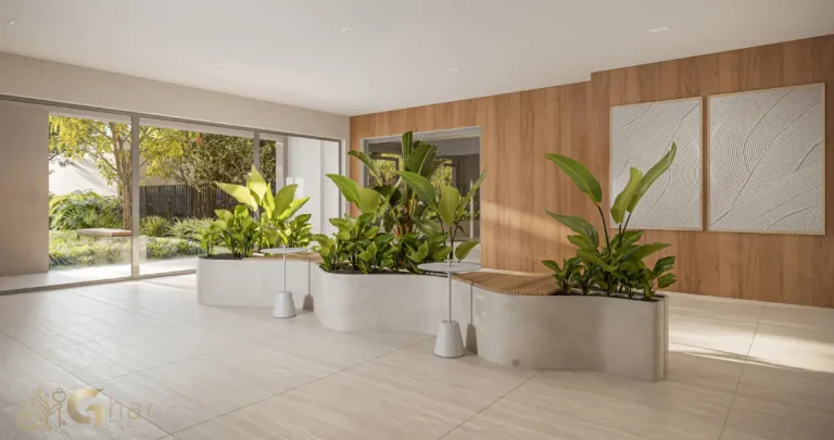 Lobby da Torre 3 do Mooca Smart Spaces com design contemporâneo