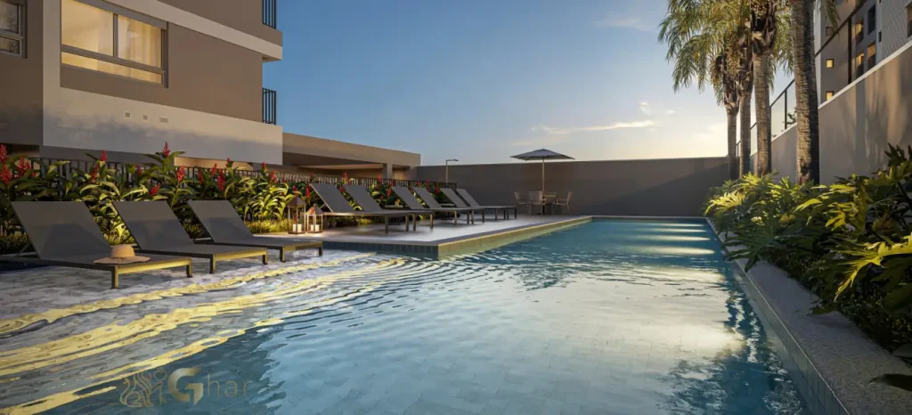 Piscina com deck molhado e solarium no Mooca Smart Spaces