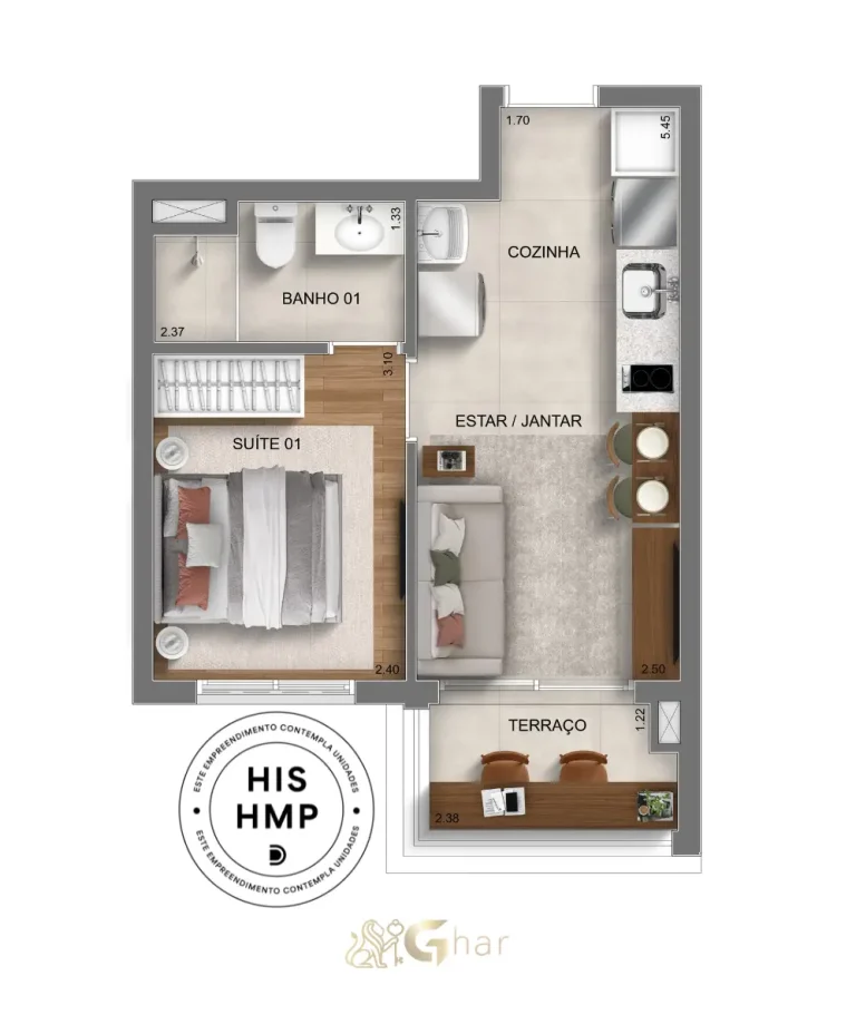 Planta do apartamento de 1 suíte – 30m² – Torre 3 – Mooca Smart Spaces
