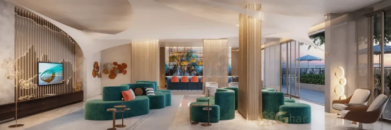 Ambiente do salão de festas do N.A.U. Klabin by Cyrela com decoração sofisticada