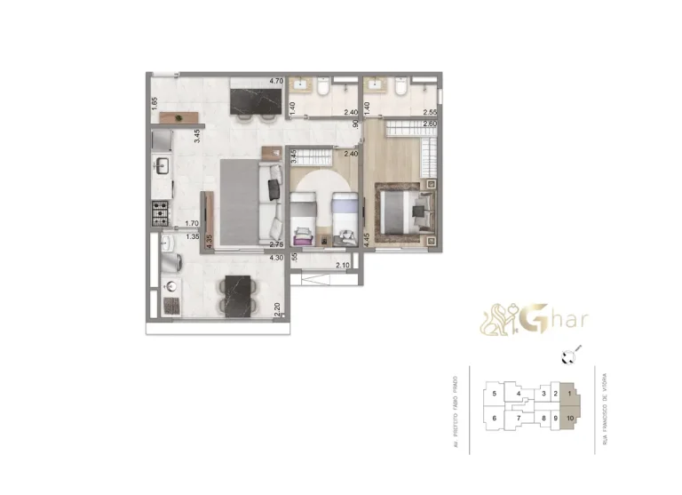 Planta do apartamento de 38m² com 1 suíte do N.A.U. Klabin by Cyrela