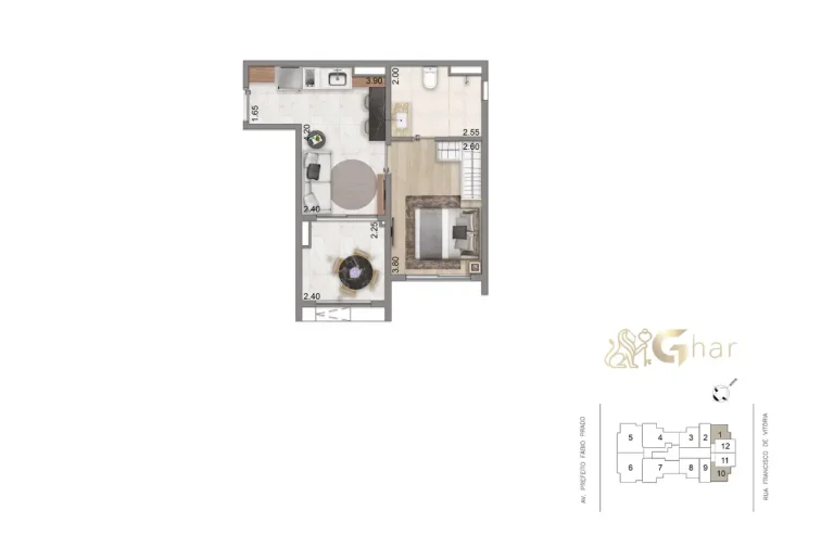 Planta 38m² do N.A.U. Klabin by Cyrela com 1 suíte – versão adicional