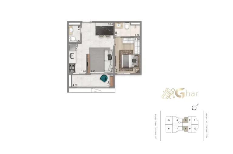 Planta de 46m² do N.A.U. Klabin by Cyrela com 1 suíte