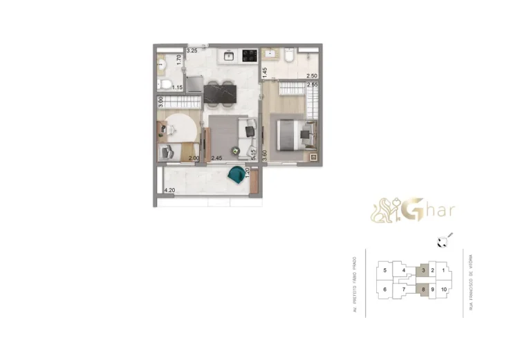 Planta de 46m² com 2 dormitórios e 1 suíte no N.A.U. Klabin by Cyrela