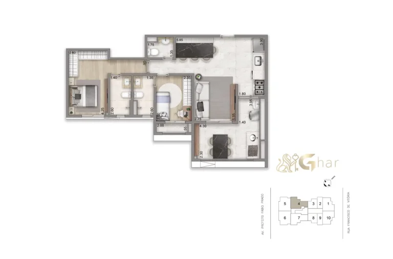 Planta de 82m² com 2 suítes do N.A.U. Klabin by Cyrela