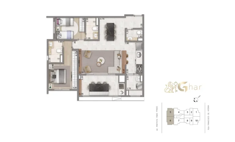 Planta alternativa de 89m² com 3 dormitórios no N.A.U. Klabin by Cyrela