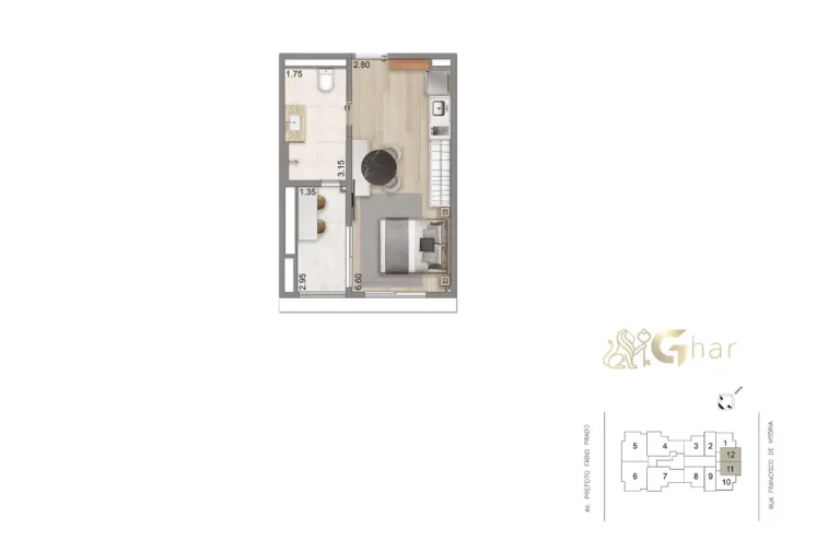 Planta do studio de 32m² no N.A.U. Klabin by Cyrela