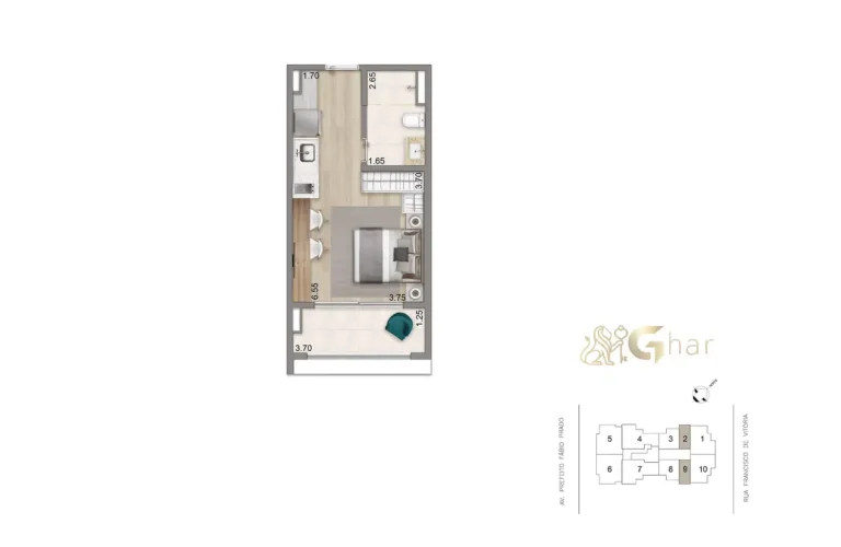 Planta alternativa do studio de 32m² no N.A.U. Klabin by Cyrela