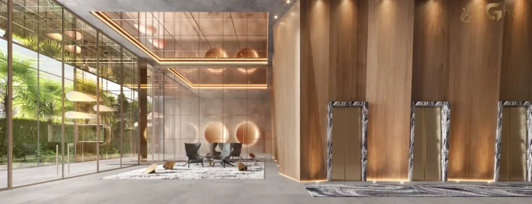 Lobby moderno do On The Sky Bela Cintra The Apartments na Consolação