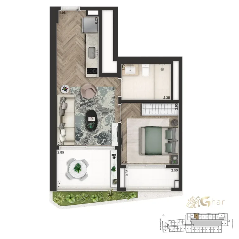 Planta 1 dormitório 48m² do On The Sky Bela Cintra The Apartments