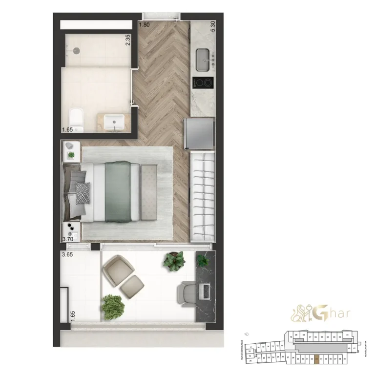 Planta Studio 29m² do On The Sky Bela Cintra The Apartments