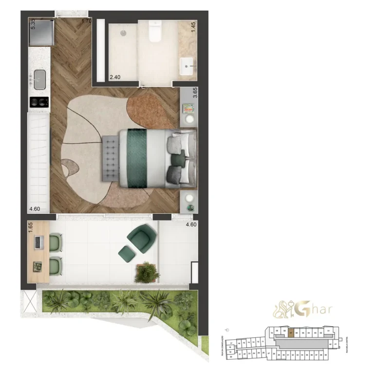 Planta Studio 41m² do On The Sky Bela Cintra The Apartments