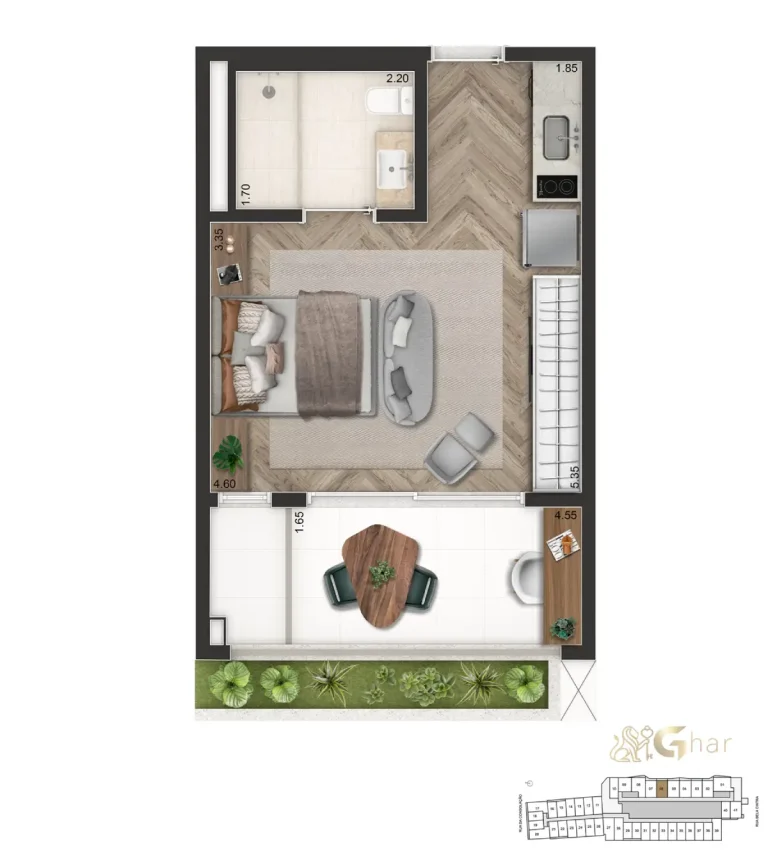 Planta Studio 41m² no On The Sky Bela Cintra The Apartments Consolação