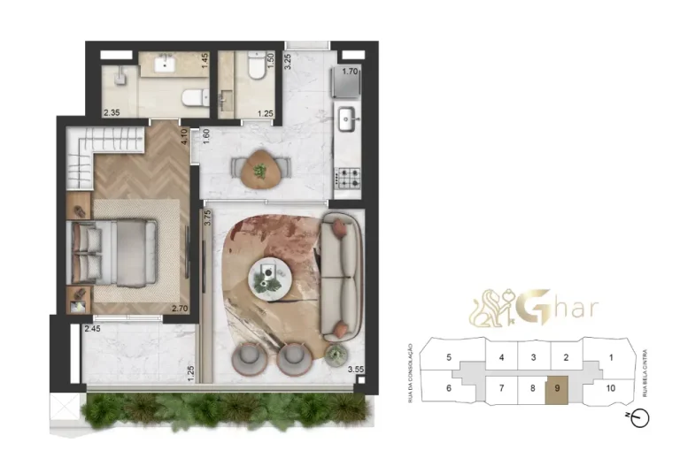 Planta apartamento 56 m² 1 suíte no On The Sky Bela Cintra The Residences