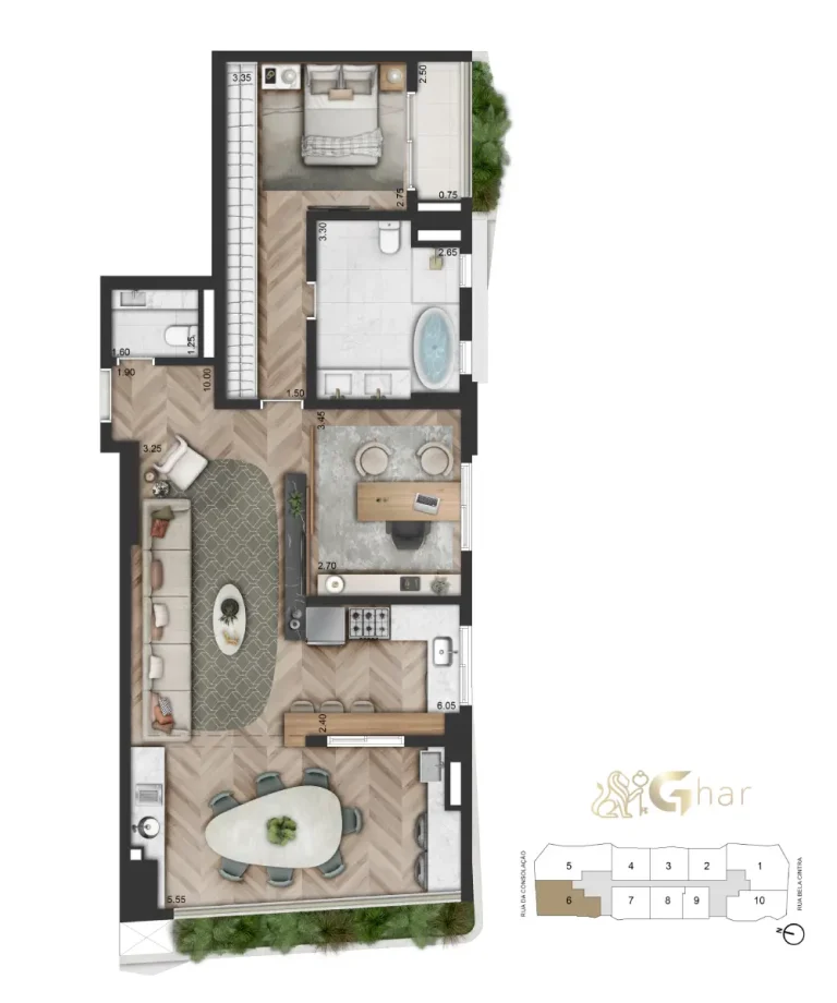 Planta apartamento 1 suíte sala ampliada 102 m² On The Sky Bela Cintra