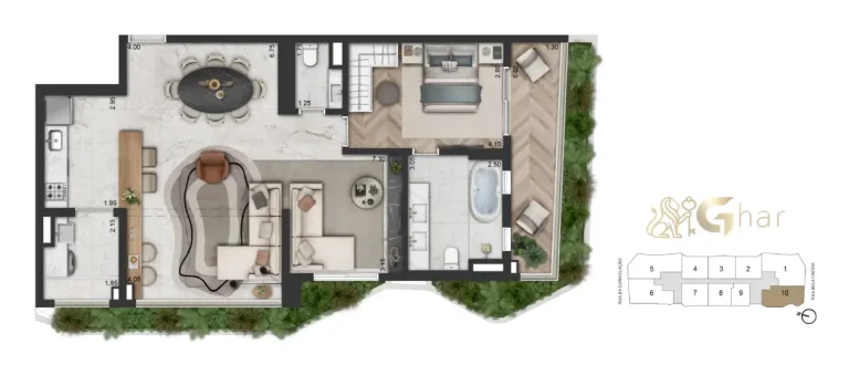 Planta apartamento 1 suíte sala ampliada 105 m² On The Sky Bela Cintra The Residences