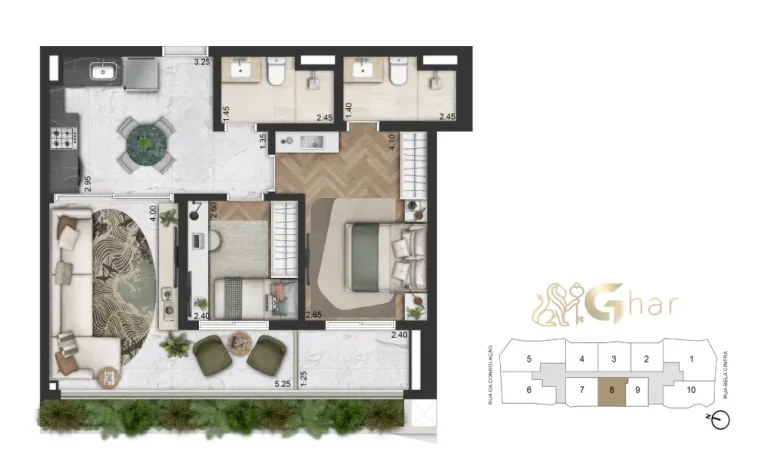 Planta apartamento 71 m² 2 dormitórios no On The Sky Bela Cintra Consolação