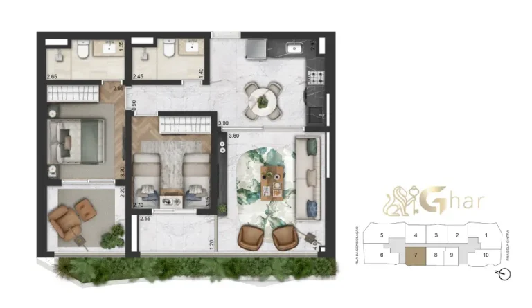 Planta apartamento 82 m² 2 dormitórios no On The Sky Bela Cintra The Residences