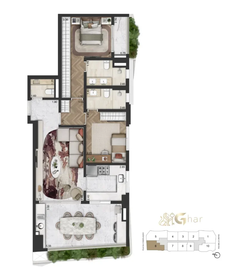 Planta apartamento 102 m² 2 suítes no On The Sky Bela Cintra The Residences
