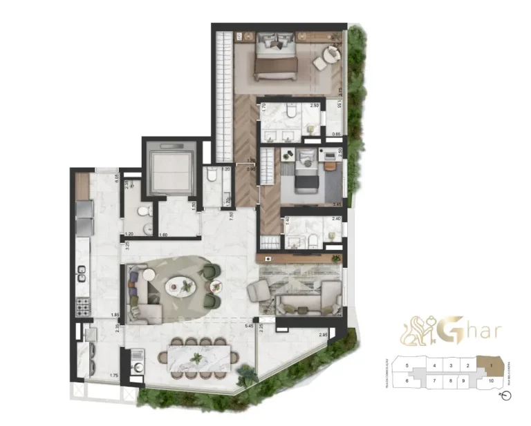 Planta 147 m² 2 suítes sala ampliada On The Sky Bela Cintra The Residences