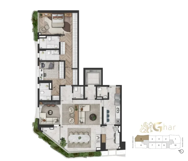 Planta apartamento 169 m² 2 suítes sala ampliada On The Sky Bela Cintra The Residences