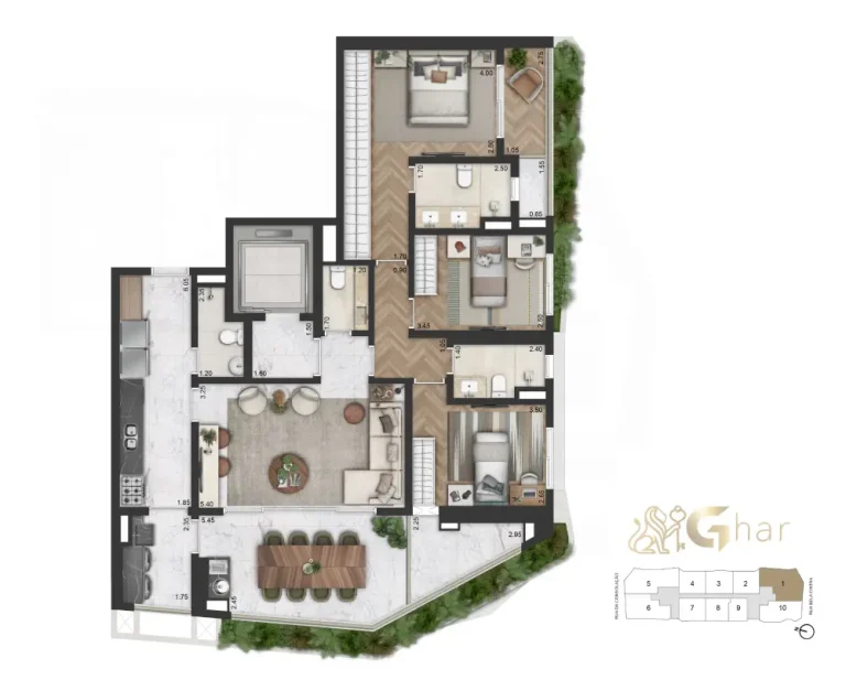 Planta apartamento 147 m² 3 dormitórios no On The Sky Bela Cintra Consolação